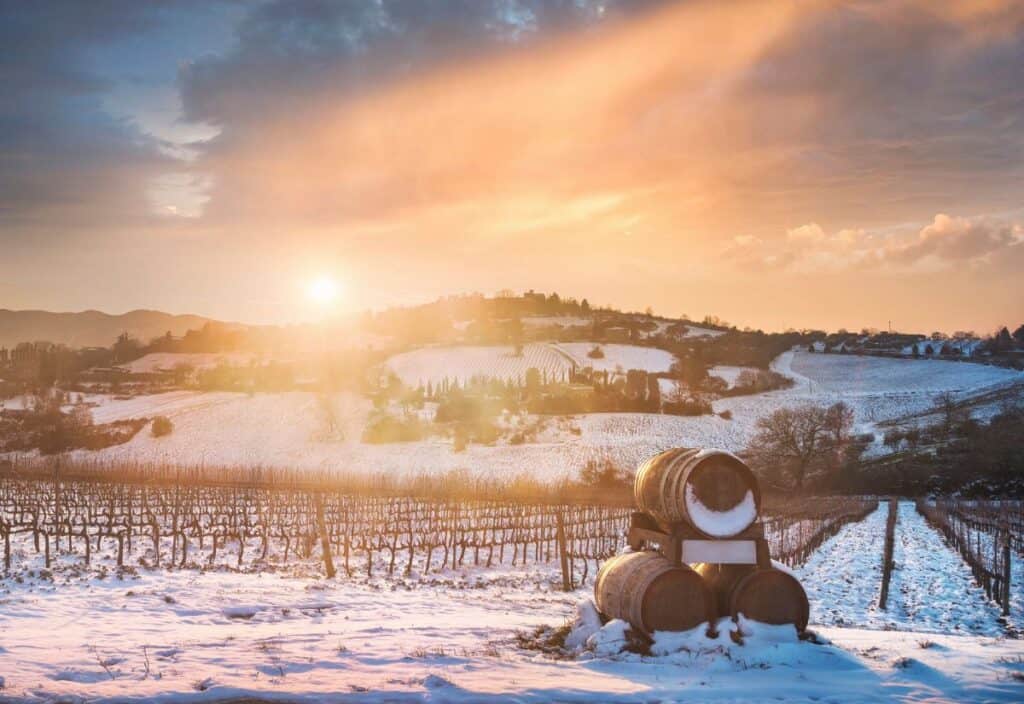 A snowy vineyard at sunset with wine barrels stacked in the foreground and rolling hills in the background, capturing the serene beauty of a Finger Lakes Wine Tour.