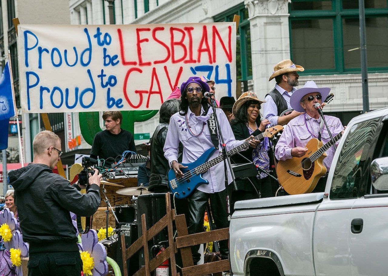 Patrick Haggerty, Michael Carr, Eve Morris, and Robert Hammerstrom of the gay country band Lavender Country on June 29, 2014 in Seattle, Washington at the 40th Annual Seattle Pride Parade.
